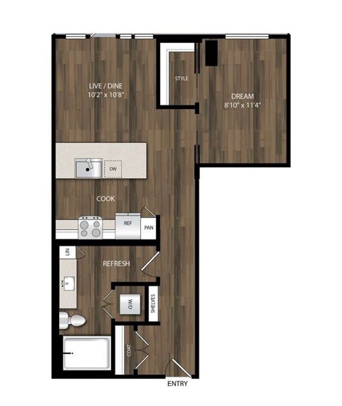 Floor plan for 1 bed, 1 bath, 636 sqft